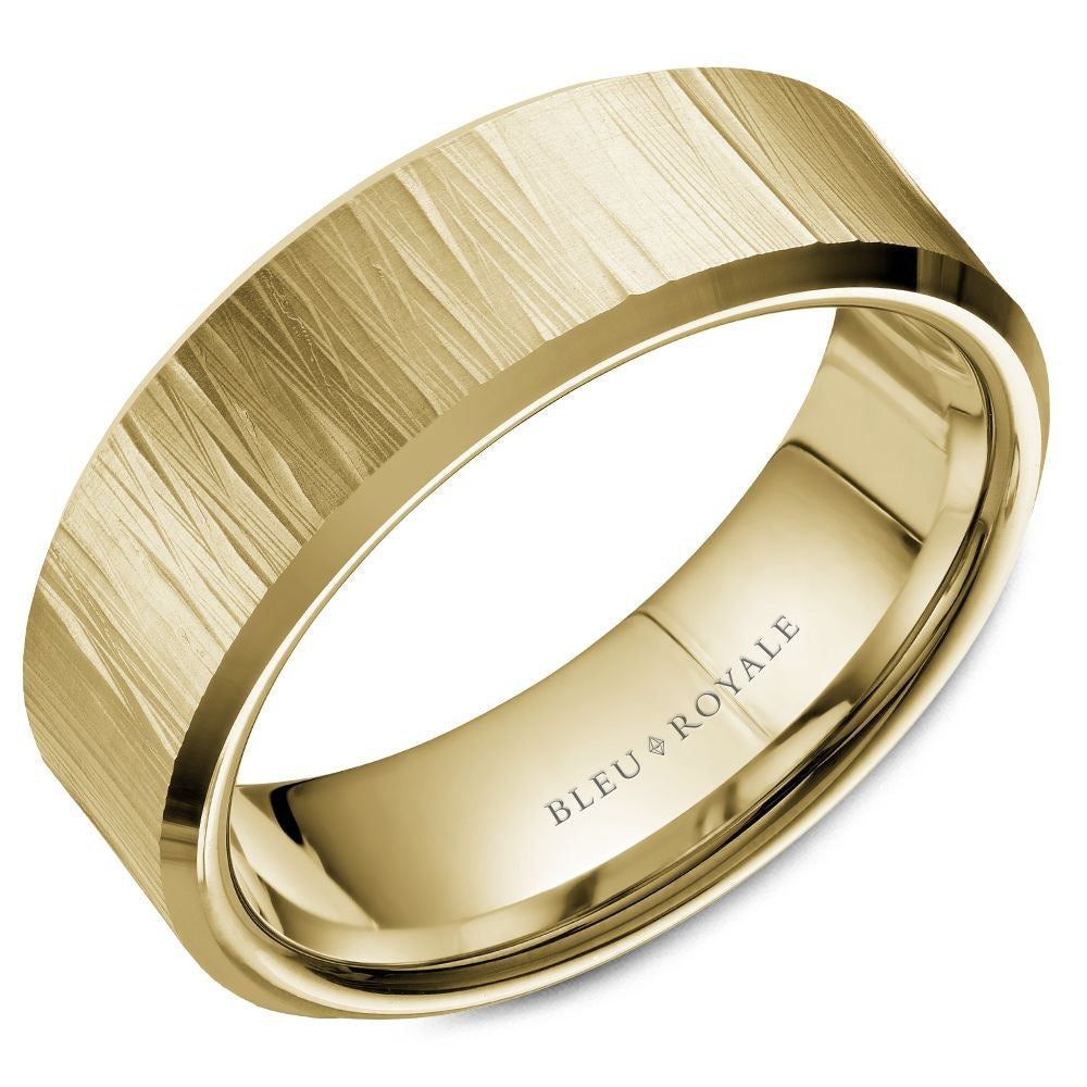 Bleu Royale Men's Wedding Band - 14K Yellow Gold with Bark Texture and High Polish Edges - 7.5mm Width from the Legacy Collection
