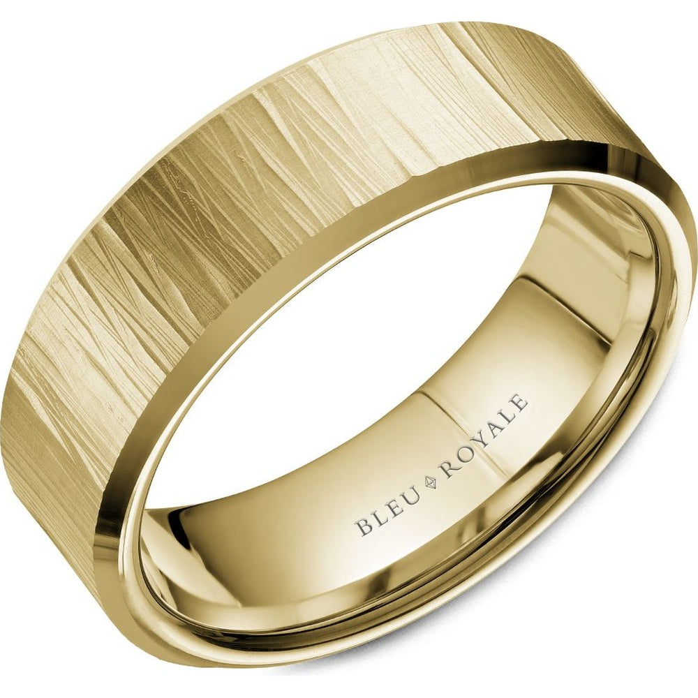 Bleu Royale Men's Wedding Band - 14K Yellow Gold with Bark Texture and High Polish Edges - 7.5mm Width from the Legacy Collection