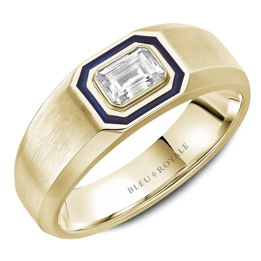 Bleu Royale Men's Wedding Band - 14K Yellow Gold with Bezel-Set 0.5 Carat Emerald Cut Diamond and Blue Enamel Accent- Tapered 5mm to - 8mm Width from the Diamond Collection