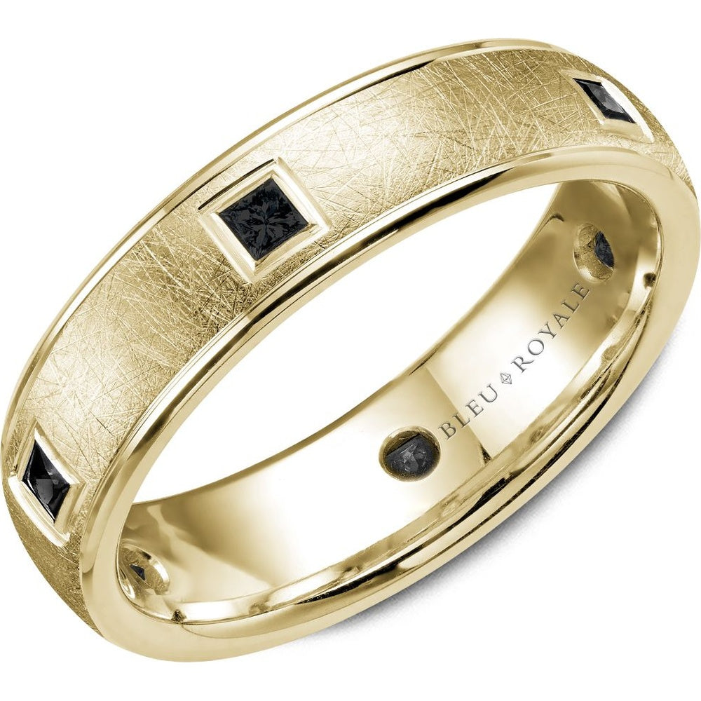 Bleu Royale Men's Wedding Band - 14K Yellow Gold with Bezel-Set Black Princess Cut Diamonds and Brushed Finish- 0.66 Carat Total Diamond Weight - 6mm Width from the Diamond Collection