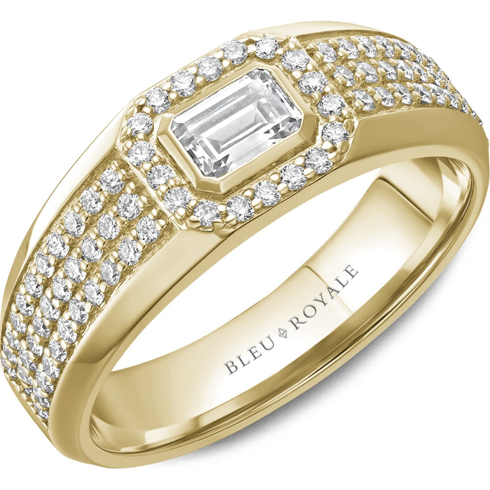 Bleu Royale Men's Wedding Band - 14K Yellow Gold with Bezel-Set Emerald Cut Center Diamond and Pavé Round Diamond Halo- 1.27 Carat Total Diamond Weight - 8mm Width from the Diamond Collection