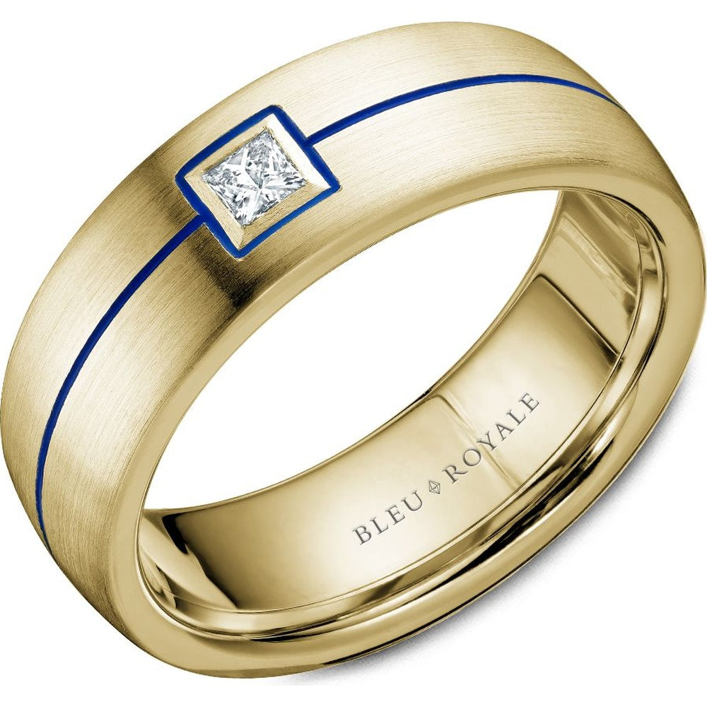 Bleu Royale Men's Wedding Band - 14K Yellow Gold with Bezel-Set Princess Cut Diamond and Blue Enamel Accent- 0.15 Carat Total Diamond Weight - 7.5mm Width from the Diamond Collection