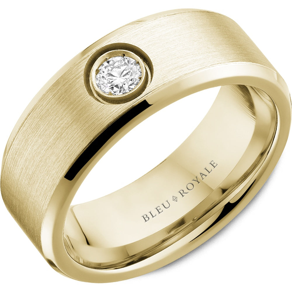 Bleu Royale Men's Wedding Band - 14K Yellow Gold with Bezel-Set Round Diamond and Brushed Sandpaper Center- 0.21 Carat Total Diamond Weight - 8mm Width from the Diamond Collection