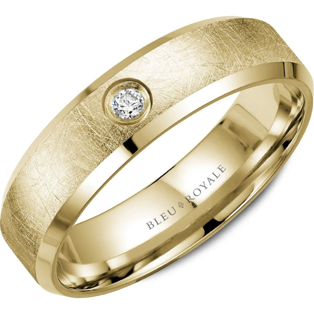 Bleu Royale Men's Wedding Band - 14K Yellow Gold with Bezel-Set Round Diamond and Diamond-Brushed Finish- 0.1ct - 6.5mm Width from the Diamond Collection