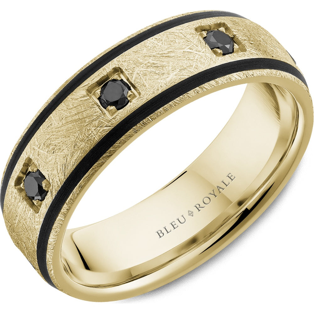 Bleu Royale Men's Wedding Band - 14K Yellow Gold with Black Ceramic Inlays and Bezel-Set Round Black Diamonds - 0.42 Carat Total Diamond Weight - 7mm Width from the Diamond Collection