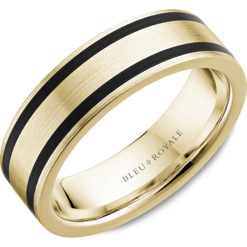 Bleu Royale Men's Wedding Band - 14K Yellow Gold with Black Ceramic Inlays and Sandpaper Finish - 6.5mm Width from the Distinct Collection