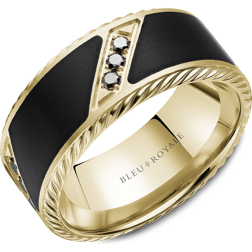 Bleu Royale Men's Wedding Band - 14K Yellow Gold with Black Enamel and Round Black Diamonds - 0.34 Carat Total Diamond Weight - 9.5mm Width from the Diamond Collection