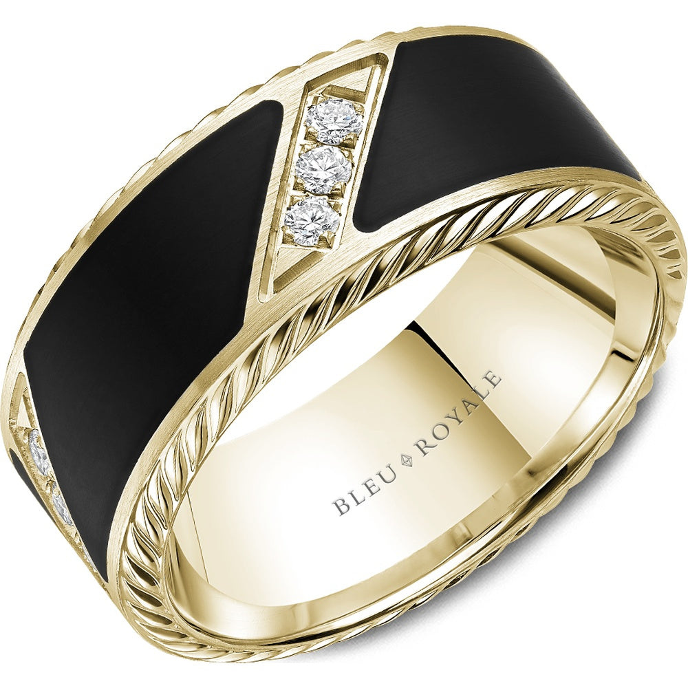 Bleu Royale Men's Wedding Band - 14K Yellow Gold with Black Enamel and Round Diamond Accents- 0.34 Carat Total Diamond Weight - 9.5mm Width from the Diamond Collection