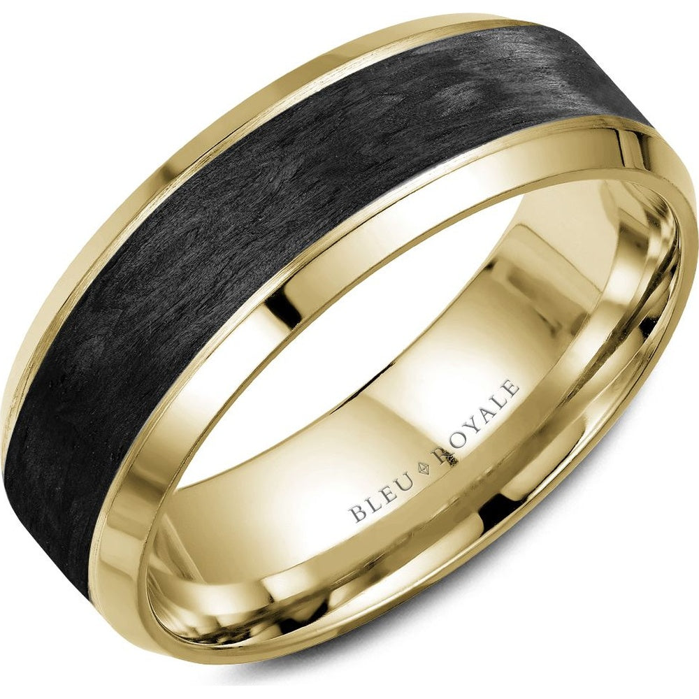 Bleu Royale Men's Wedding Band - 14K Yellow Gold with Black Forged Carbon Fiber Inlay and Polished Bevel Edges - 7.5mm Width from the Distinct Collection
