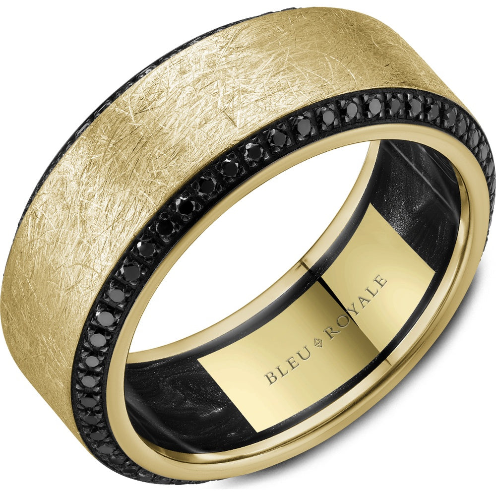 Bleu Royale Men's Wedding Band - 14K Yellow Gold with Black Rhodium Plated Round Diamonds and Enamel Interior - 0.7 Carat Total Diamond Weight - 9mm Width from the Diamond Collection