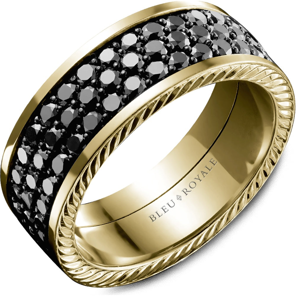 Bleu Royale Men's Wedding Band - 14K Yellow Gold with Black Rhodium Set Round Black Diamonds - 4.26 Carat Total Diamond Weight - 9mm Width from the Diamond Collection
