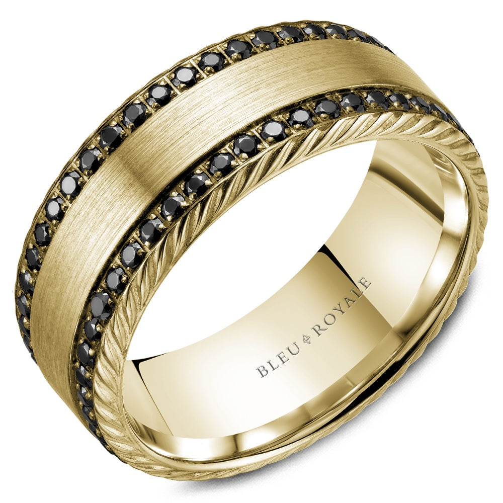 Bleu Royale Men's Wedding Band - 14K Yellow Gold with Black Round Diamonds and Sandpaper Finish- 1.41 Carat Total Diamond Weight - 9mm Width from the Diamond Collection