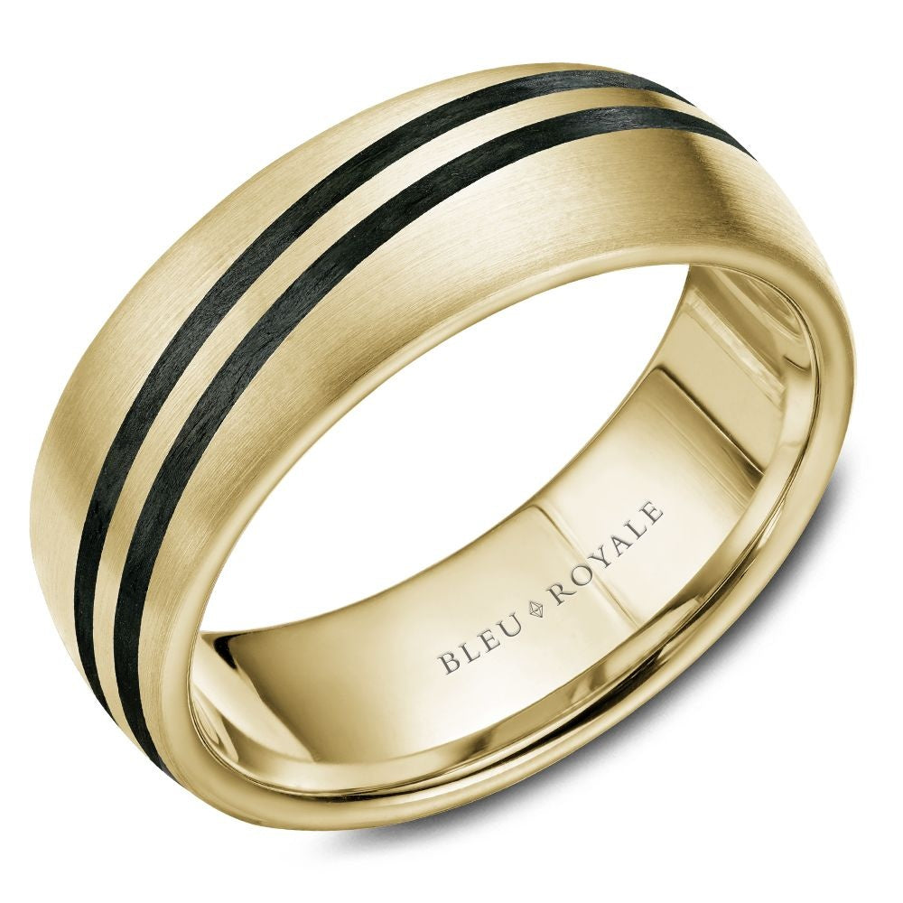Bleu Royale Men's Wedding Band - 14K Yellow Gold with Black Stripes and Sandpaper Finish - 8mm Width from the Distinct Collection