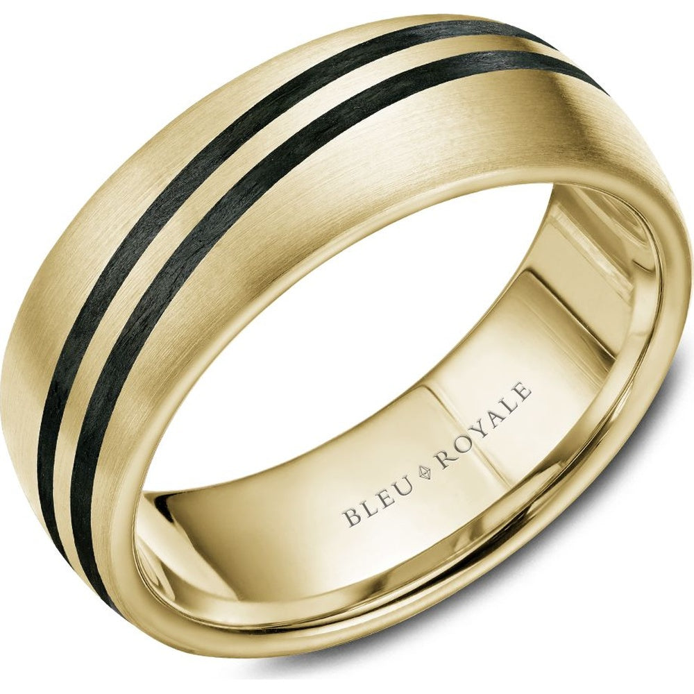 Bleu Royale Men's Wedding Band - 14K Yellow Gold with Black Stripes and Sandpaper Top Finish - 8mm Width from the Distinct Collection