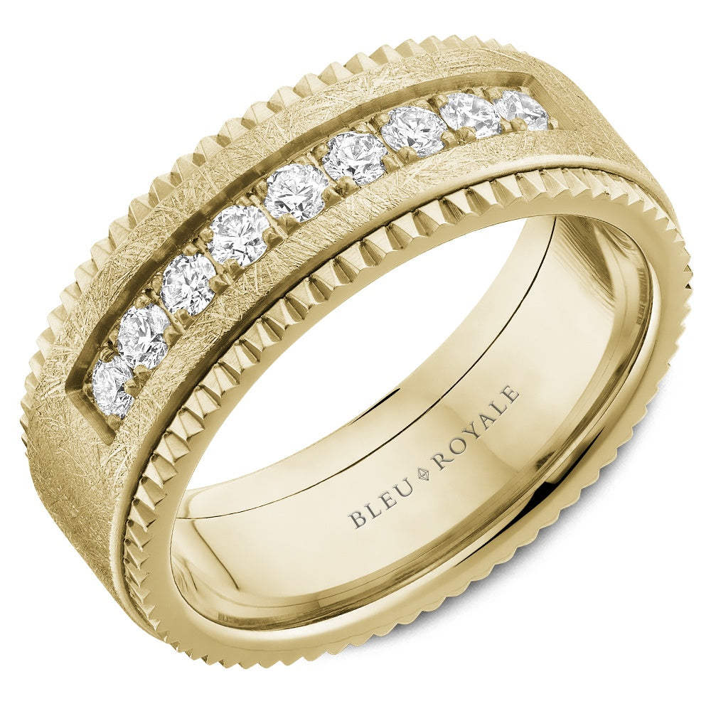 Bleu Royale Men's Wedding Band - 14K Yellow Gold with Brushed Center and Channel Set Round Diamonds - 0.45 Carat Total Diamond Weight - 8mm Width from the Diamond Collection