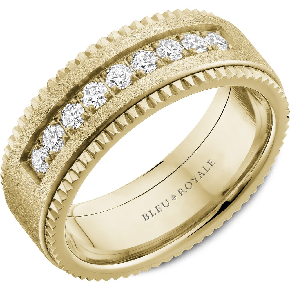 Bleu Royale Men's Wedding Band - 14K Yellow Gold with Brushed Center and Nine Round Diamonds - 0.45 Carat Total Diamond Weight - 8mm Width from the Diamond Collection