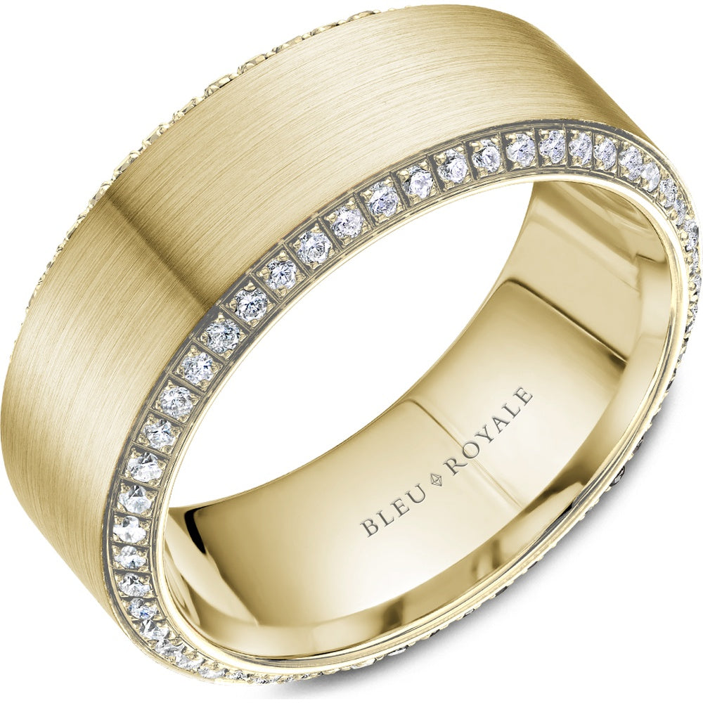 Bleu Royale Men's Wedding Band - 14K Yellow Gold with Brushed Sandpaper Finish and Round Diamond Edges- 0.66 Carat Total Diamond Weight - 9mm Width from the Diamond Collection