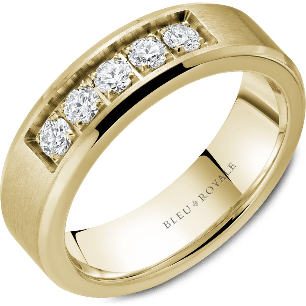 Bleu Royale Men's Wedding Band - 14K Yellow Gold with Channel-Set Round Diamonds and Brushed Center- 0.5 Carat Total Diamond Weight - 6.5mm Width from the Diamond Collection