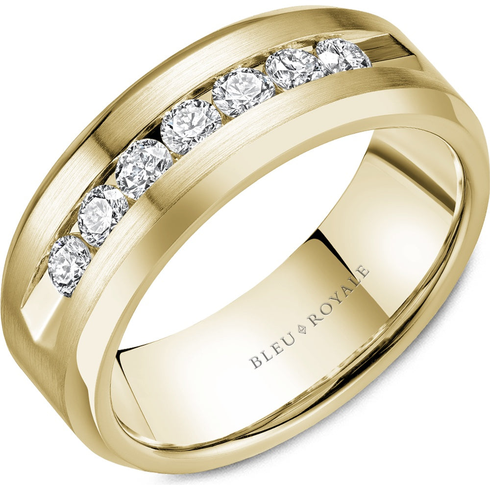 Bleu Royale Men's Wedding Band - 14K Yellow Gold with Channel-Set Round Diamonds and Brushed Sandpaper Finish- 0.7 Carat Total Diamond Weight - 8mm Width from the Diamond Collection