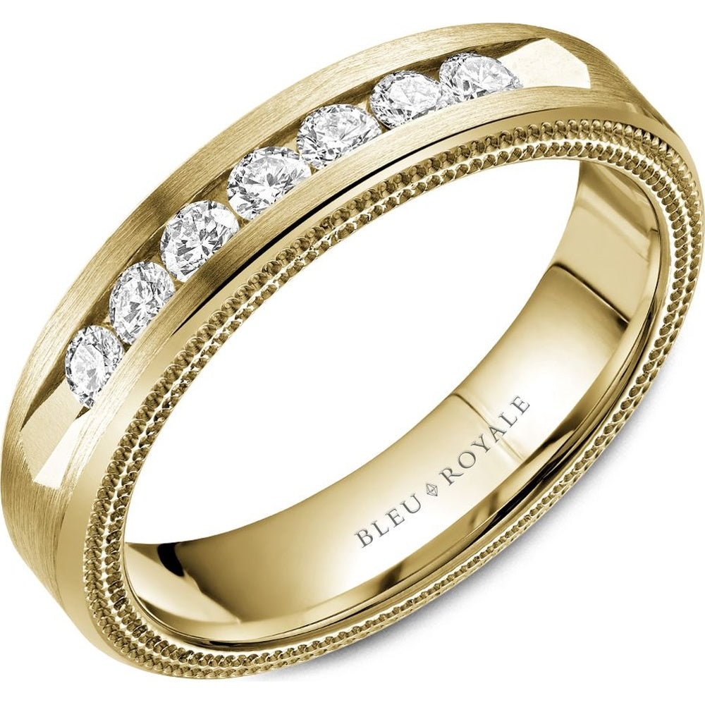 Bleu Royale Men's Wedding Band - 14K Yellow Gold with Channel Set Round Diamonds and Sandpaper Finish- 0.5 Carat Total Diamond Weight - 5.5mm Width from the Diamond Collection