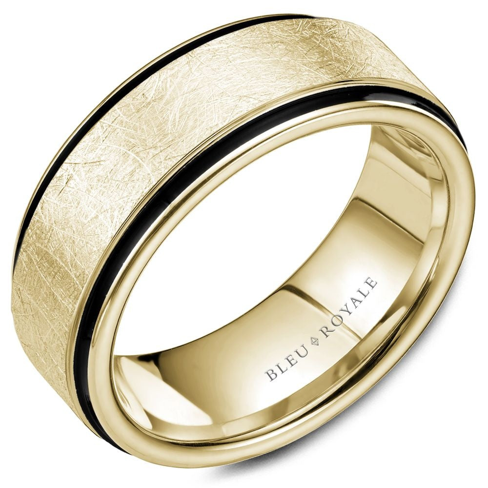 Bleu Royale Men's Wedding Band - 14K Yellow Gold with Diamond-Brushed Finish and Black Groove Accent - 8.5mm Width from the Distinct Collection