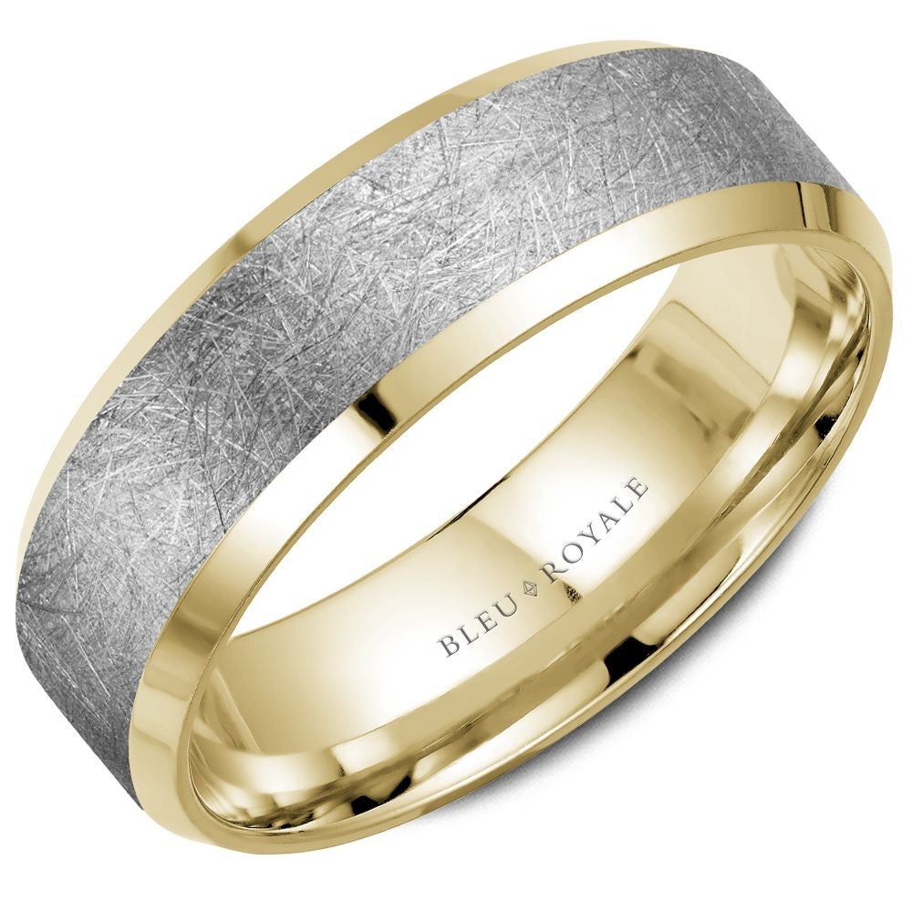 Bleu Royale Men's Wedding Band - 14K Yellow Gold with Diamond Brushed Finish and High Polish Edges - 7mm Width from the Legacy Collection
