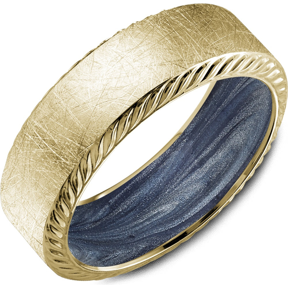 Bleu Royale Men's Wedding Band - 14K Yellow Gold with Diamond Brushed Finish, Rope Edge, and H and-Painted Midnight Blue Enamel Interior - 7.5mm Width from the Distinct Collection