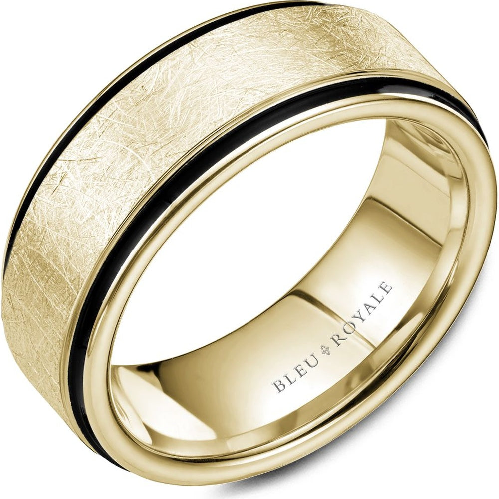 Bleu Royale Men's Wedding Band - 14K Yellow Gold with Diamond Brushed Top and Black Channel Edges- Comfort Fit - 8.5mm Width from the Distinct Collection