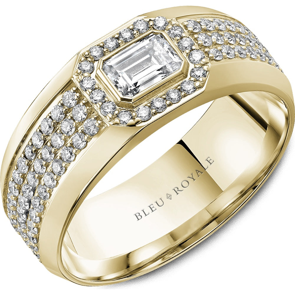 Bleu Royale Men's Wedding Band - 14K Yellow Gold with East-West Emerald Cut Center and Pavé Round Diamond Halo- 1.33 Carat Total Diamond Weight - 8mm Width from the Diamond Collection