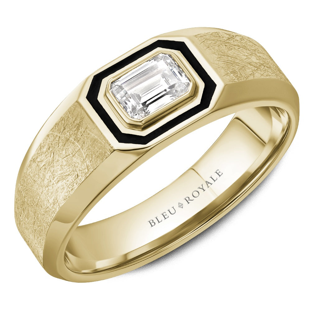 Bleu Royale Men's Wedding Band - 14K Yellow Gold with East-West Emerald Cut Diamond, Black Enamel Accent, and Brushed Center- 0.5 Carat Total Diamond Weight - 8mm Width from the Diamond Collection