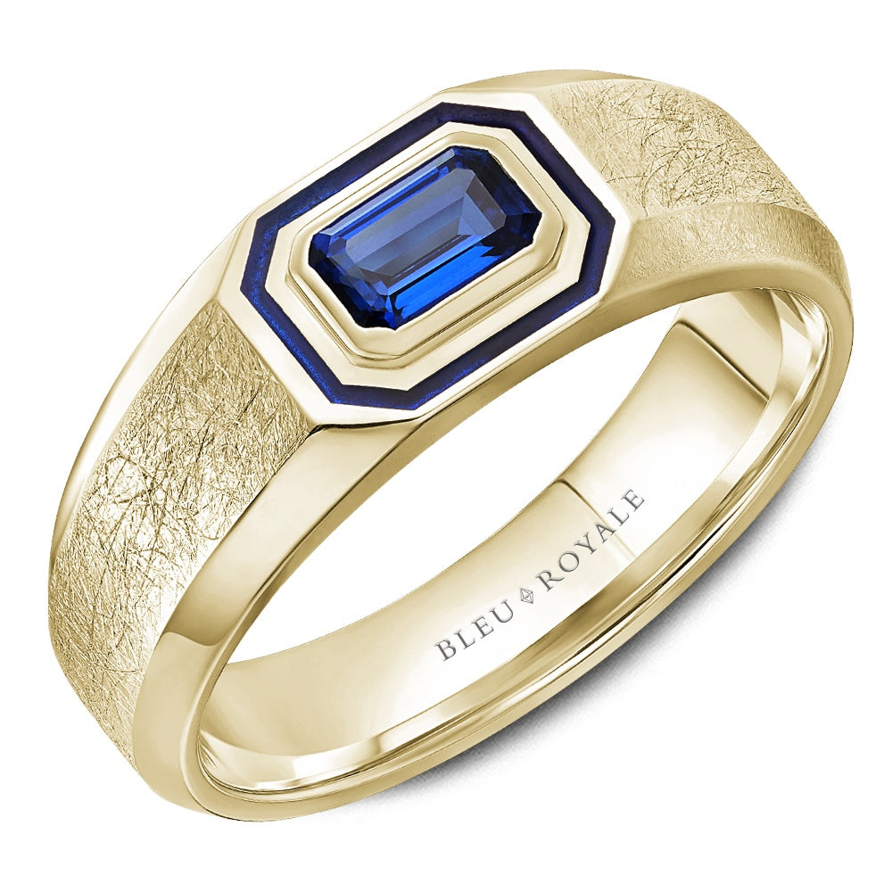 Bleu Royale Men's Wedding Band - 14K Yellow Gold with Emerald Cut Blue Sapphire and Enamel Bezel- 0.75ct - 8mm Width from the Diamond Collection