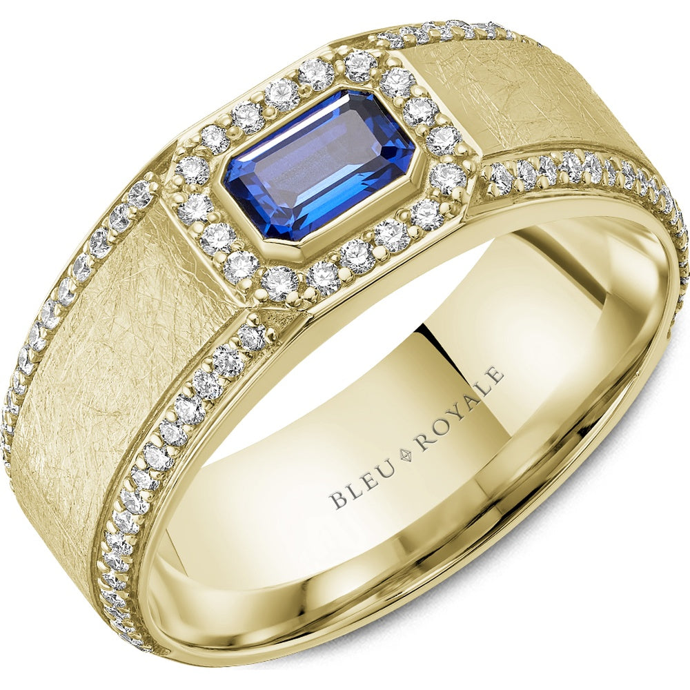 Bleu Royale Men's Wedding Band - 14K Yellow Gold with Emerald Cut Blue Sapphire and Round Diamond Halo- 0.75 Carat Sapphire, 0.57 Carat Diamond Total Weight - 8mm Width from the Diamond Collection