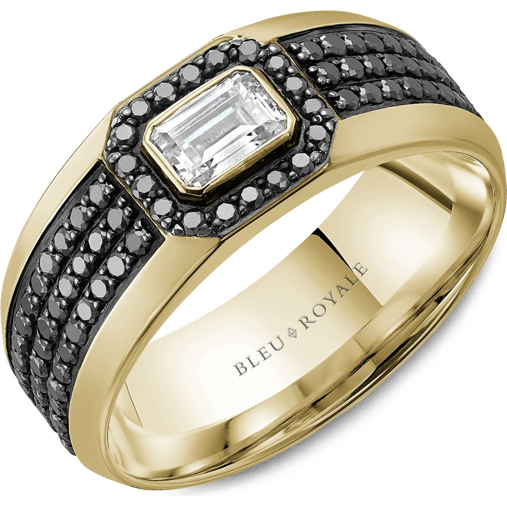 Bleu Royale Men's Wedding Band - 14K Yellow Gold with Emerald Cut Center Diamond and Black Round Diamond Pave- 1.41 Carat Total Diamond Weight - 8mm Width from the Diamond Collection