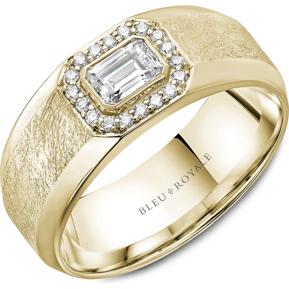 Bleu Royale Men's Wedding Band - 14K Yellow Gold with Emerald Cut Center Diamond and Round Diamond Halo- 0.63 Carat Total Diamond Weight - 8mm Width from the Diamond Collection