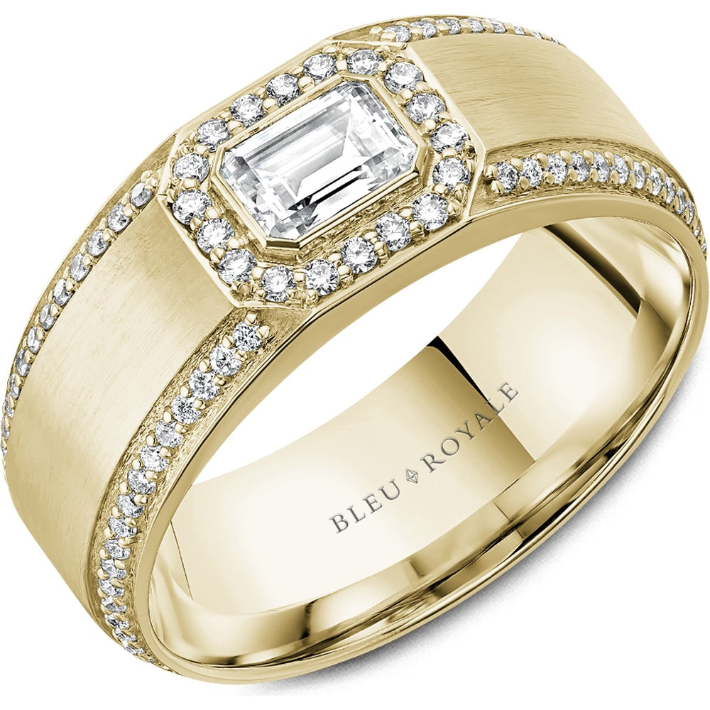 Bleu Royale Men's Wedding Band - 14K Yellow Gold with Emerald Cut Center Diamond and Round Diamond Halo- 0.96 Carat Total Diamond Weight - 8mm Width from the Diamond Collection
