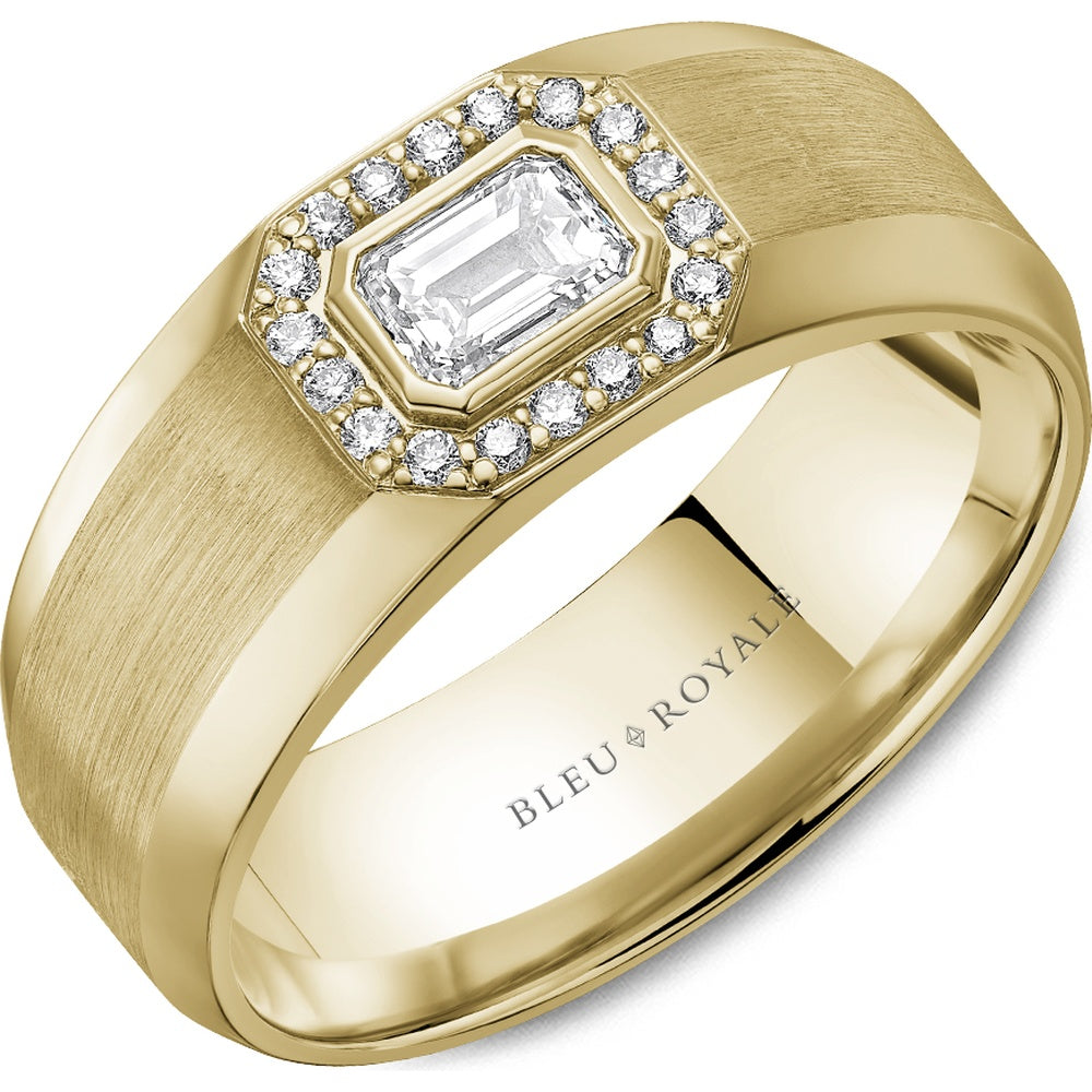 Bleu Royale Men's Wedding Band - 14K Yellow Gold with Emerald Cut Diamond Center and Round Diamond Halo- 0.63 Carat Total Diamond Weight - 8mm Width from the Diamond Collection