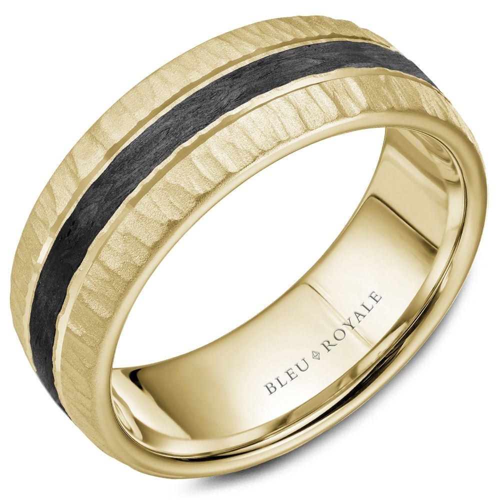 Bleu Royale Men's Wedding Band - 14K Yellow Gold with Forged Carbon Fiber Center and Hammered Sides- Size 10 - 8mm Width from the Distinct Collection