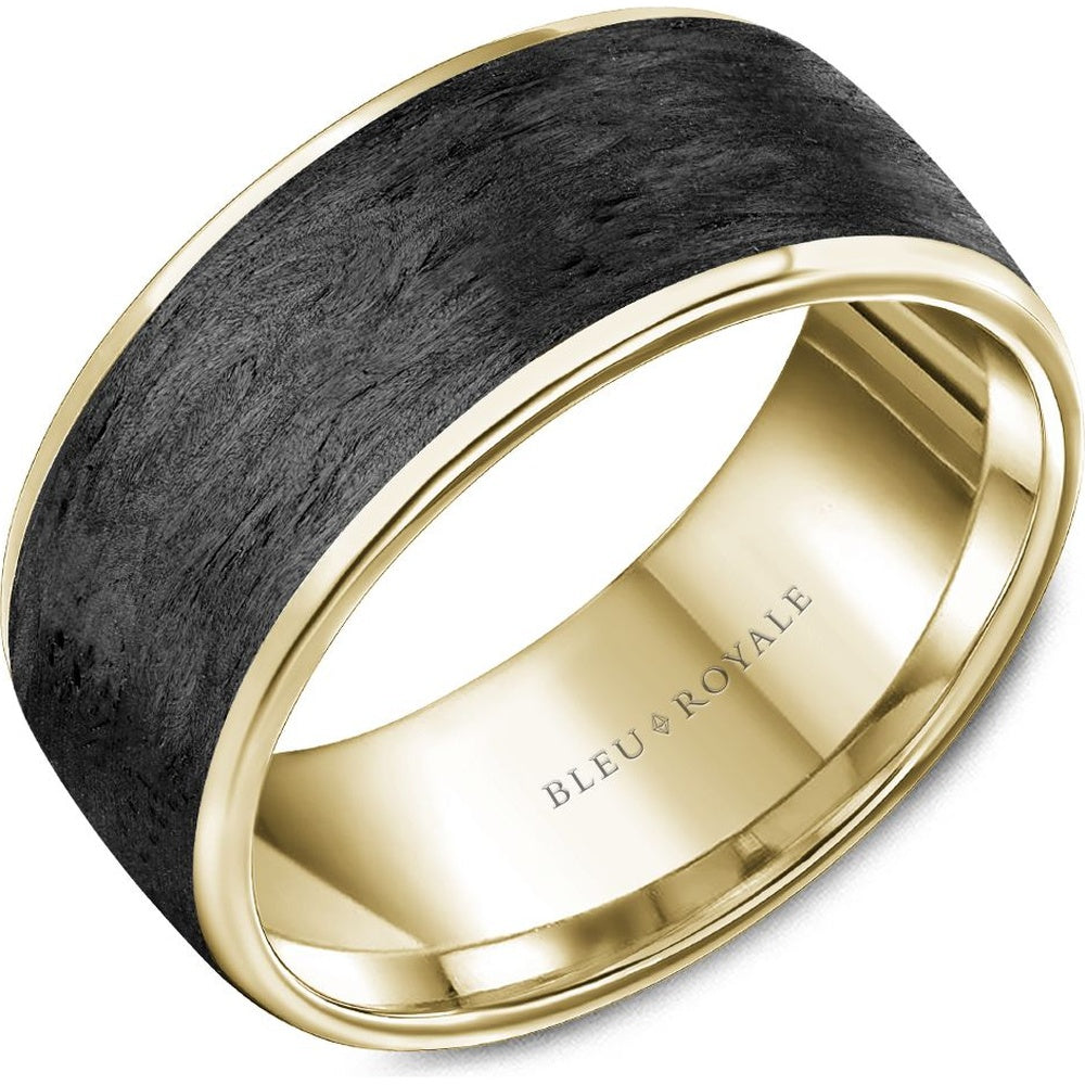 Bleu Royale Men's Wedding Band - 14K Yellow Gold with Forged Carbon Fiber Center and High Polish Edges- Available in Multiple Metals - 9.5mm Width from the Distinct Collection