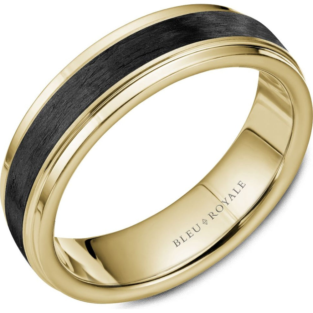 Bleu Royale Men's Wedding Band - 14K Yellow Gold with Forged Carbon Fiber Inlay and High Polish Edges - 6mm Width from the Distinct Collection