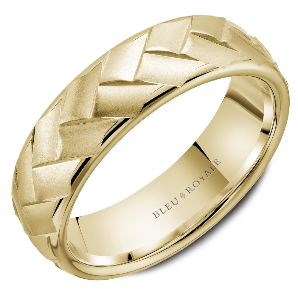 Bleu Royale Men's Wedding Band - 14K Yellow Gold with Frosted Chevron Pattern and High Polish Edges - 6.5mm Width from the Legacy Collection