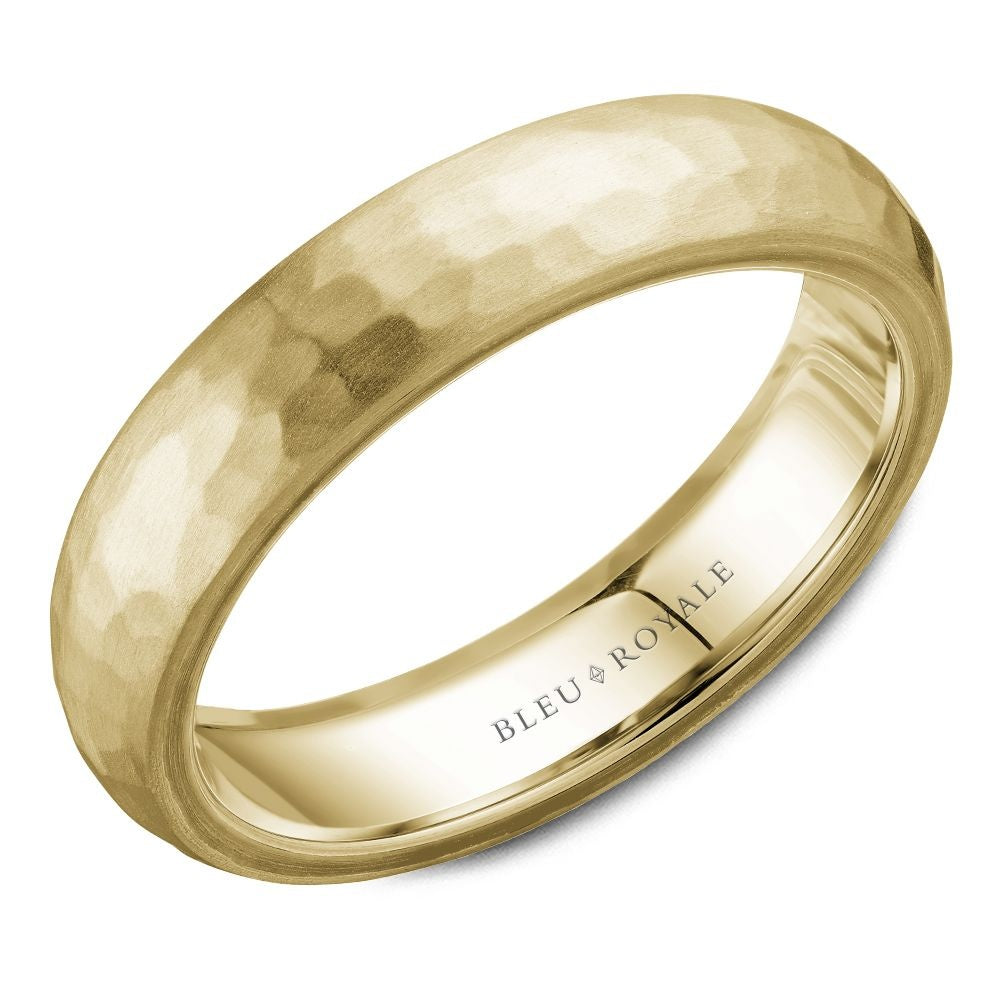 Bleu Royale Men's Wedding Band - 14K Yellow Gold with Frosted Hammered Finish- Available in Multiple Metals and Sizes - 5mm Width from the Legacy Collection