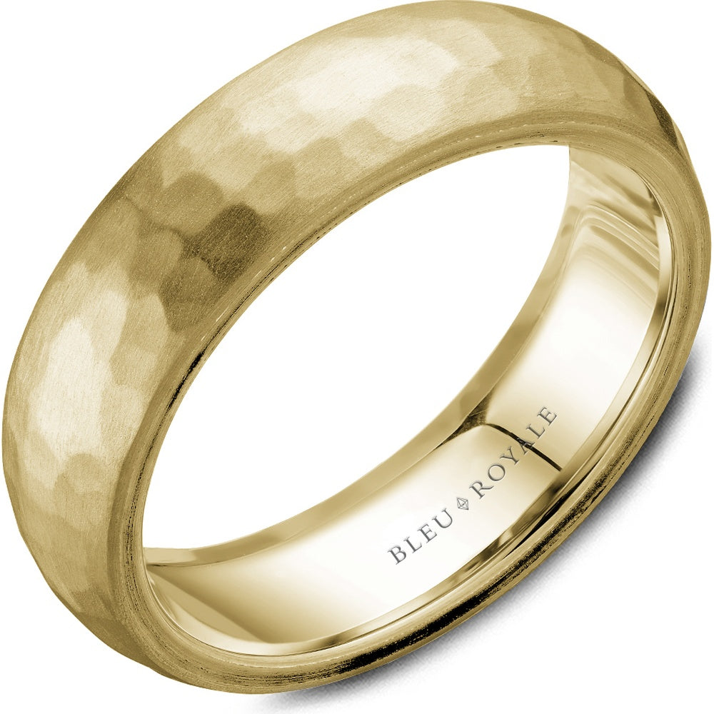 Bleu Royale Men's Wedding Band - 14K Yellow Gold with Frosted Hammered Top and High Polish Edges - 6.5mm Width from the Legacy Collection