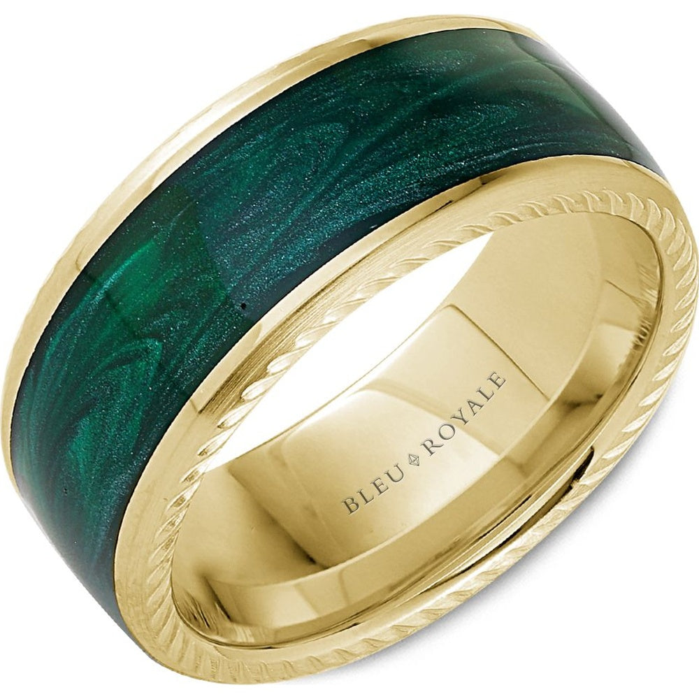 Bleu Royale Men's Wedding Band - 14K Yellow Gold with H and-Painted Malachite Green Enamel Inlay - 9.5mm Width from the Distinct Collection