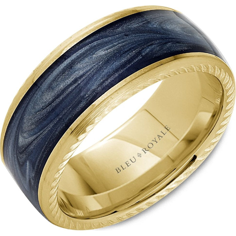 Bleu Royale Men's Wedding Band - 14K Yellow Gold with H and-Painted Midnight Blue Enamel Inlay and Frosted Rope Edge - 9.5mm Width from the Distinct Collection