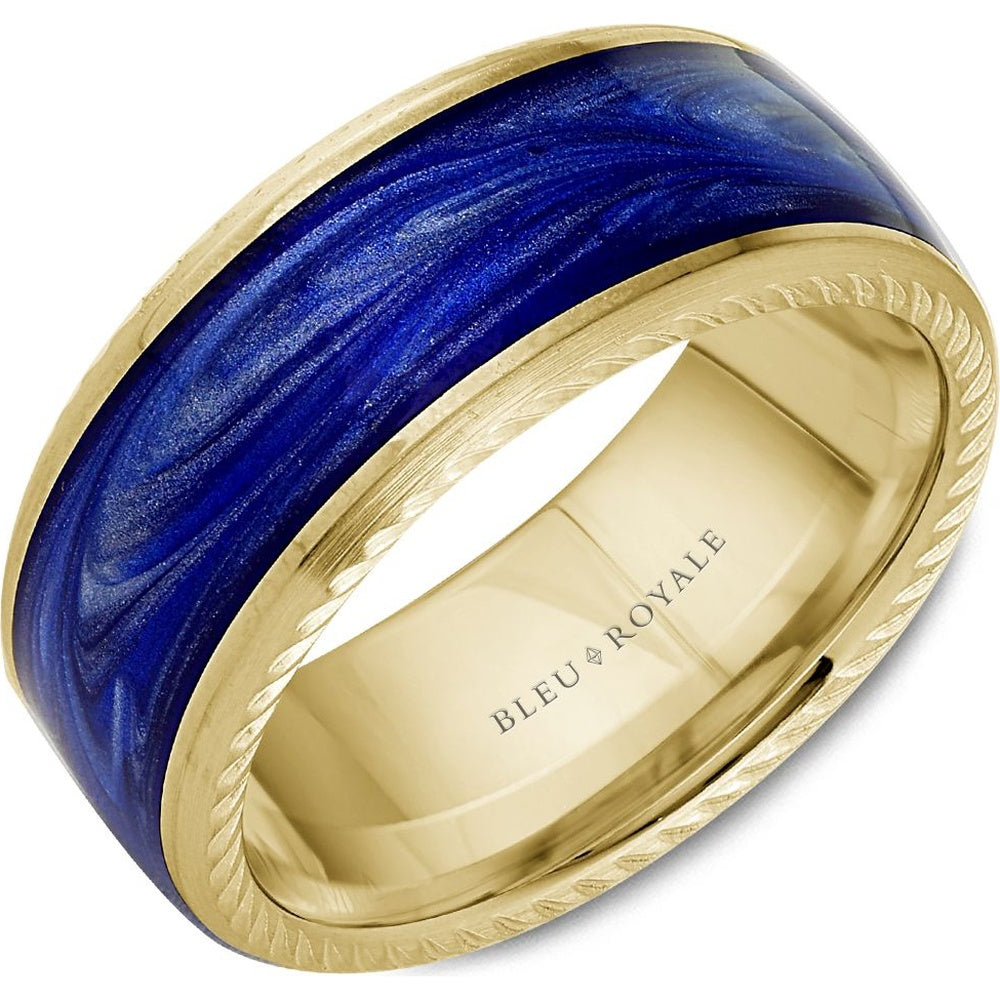 Bleu Royale Men's Wedding Band - 14K Yellow Gold with H and-Painted Ultramarine Blue Enamel Inlay and Frosted Rope Side Profile - 9.5mm Width from the Distinct Collection