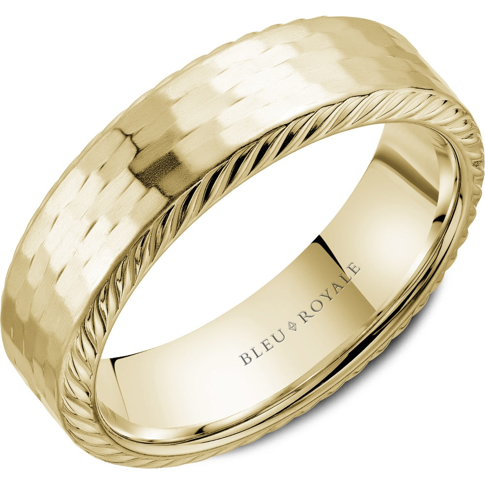 Bleu Royale Men's Wedding Band - 14K Yellow Gold with Hammered Center and Rope Edge Detail - 6.5mm Width from the Legacy Collection
