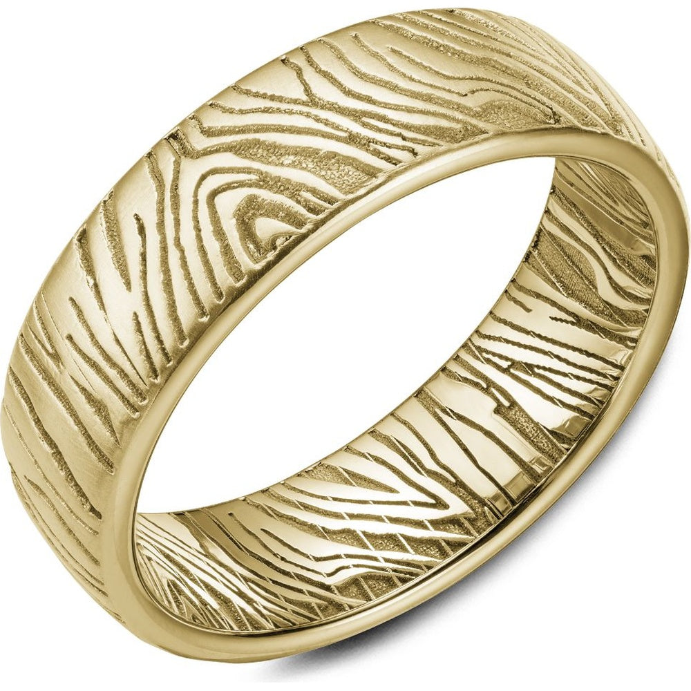 Bleu Royale Men's Wedding Band - 14K Yellow Gold with Laser Engraved Wood Grain Texture and Frosted Finish - 7mm Width from the Distinct Collection