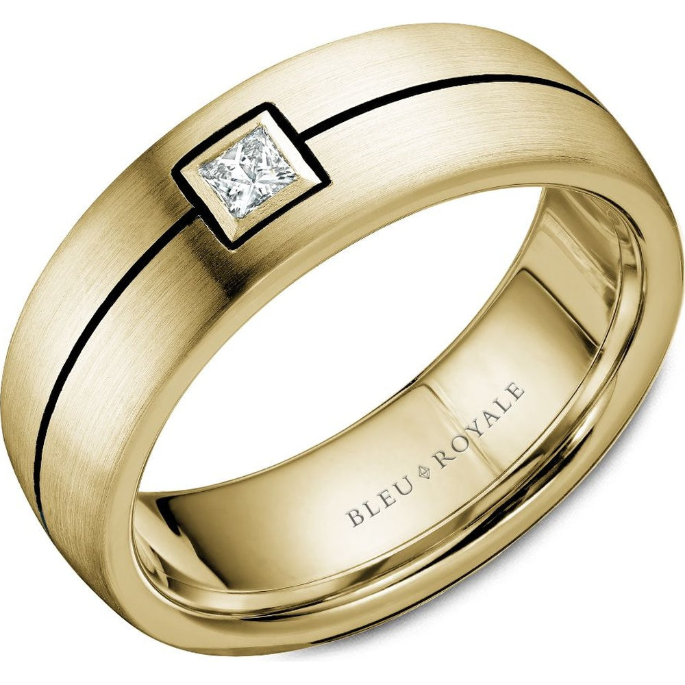 Bleu Royale Men's Wedding Band - 14K Yellow Gold with Princess Cut Diamond and Black Enamel Accent- 0.15 Carat Total Diamond Weight - 7.5mm Width from the Diamond Collection