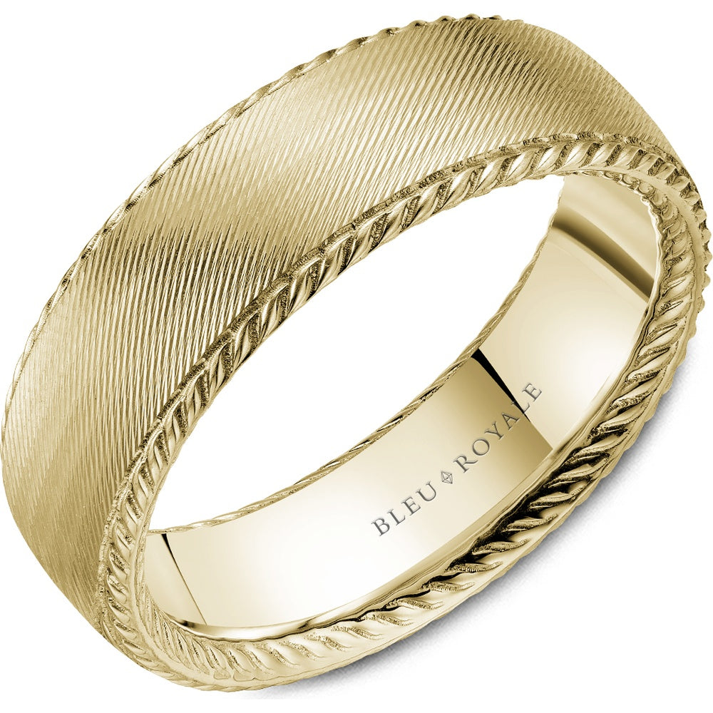 Bleu Royale Men's Wedding Band - 14K Yellow Gold with Roped Edge and Satin Finish- Special Order Sizes Available - 7mm Width from the Legacy Collection