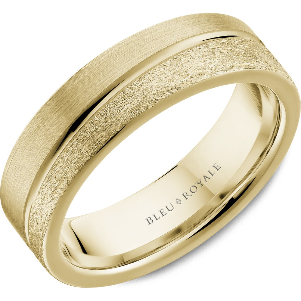 Bleu Royale Men's Wedding Band - 14K Yellow Gold with Sandpaper and Diamond Brush Finish - 6.5mm Width from the Legacy Collection